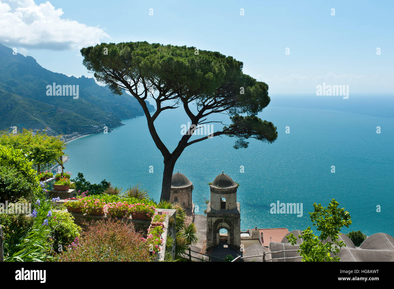 View of coast and sea, pine tree and church, Chiesa dell'Annunziata, Ravello, Amalfi Coast, Campania, Italy Stock Photo