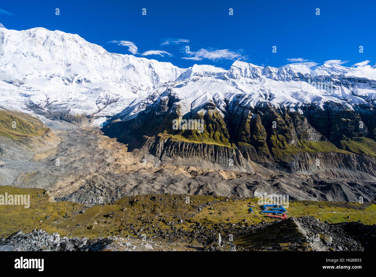 Houses of Annapurna Base Camp, glacier and the snow covered Annapurna 1 North  Face, Chomrong, Kaski District, Nepal Stock Photo - Alamy