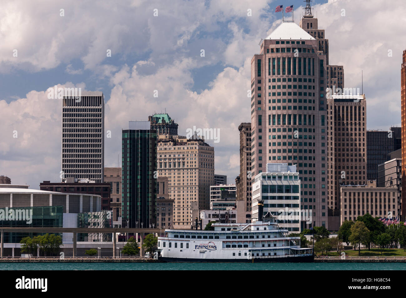 The Detroit River and city skyline as seen from Windsor, Ontario, Canada. Stock Photo