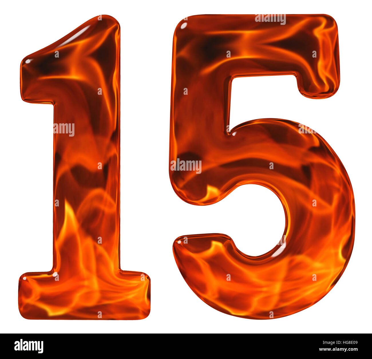 15, fifteen, numeral from glass with an abstract pattern of a flaming fire,  isolated on white background Stock Photo - Alamy