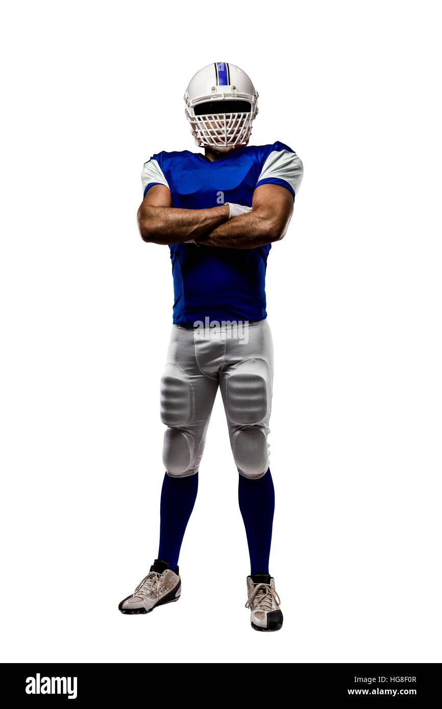 Football Player with a blue uniform on a white background Stock Photo