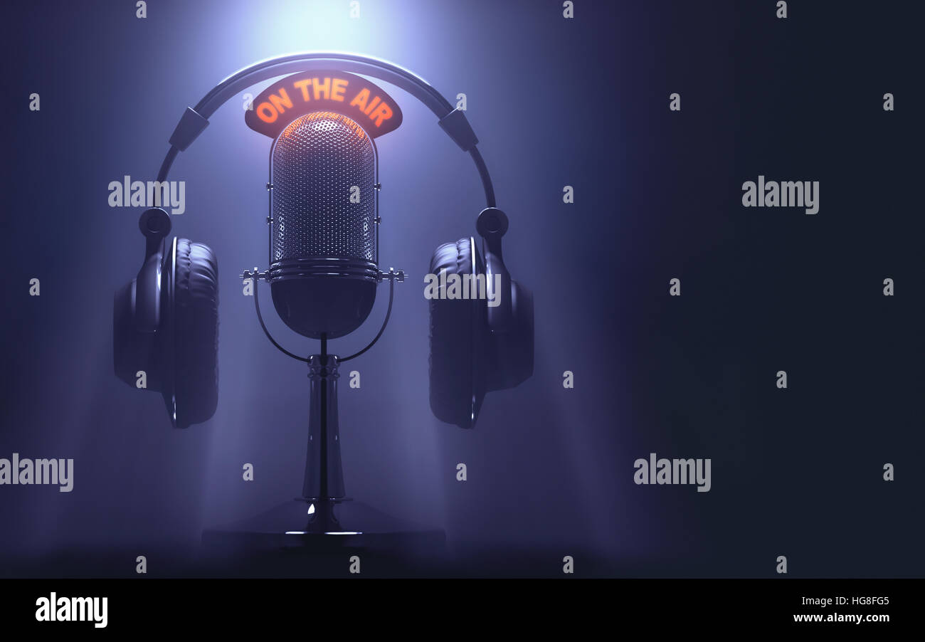 Headset on the microphone with the 'On The Air' light on. Stock Photo