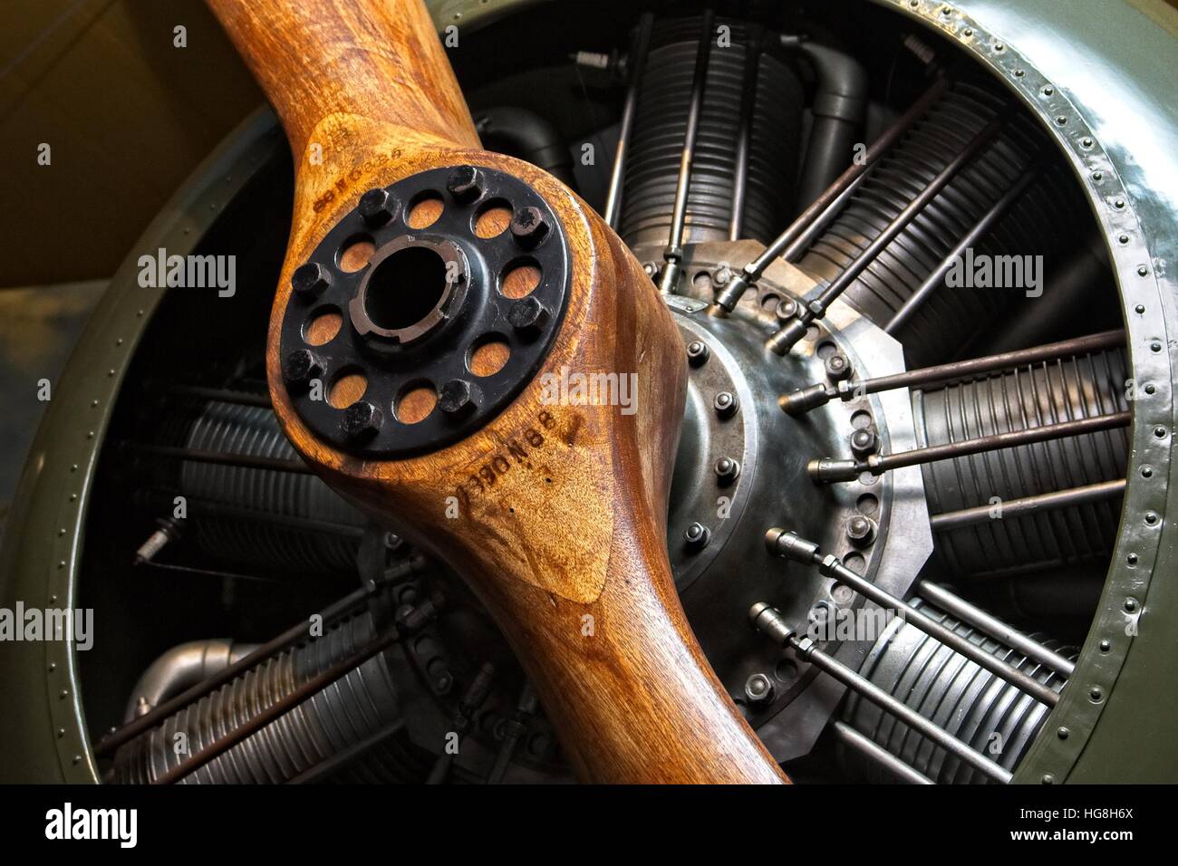 Star engine with wooden propeller of the old plane Stock Photo