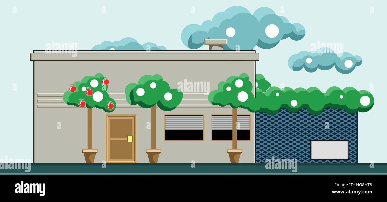 A house with front trees and clouds in the sky. Vector flat illustration. Stock Vector