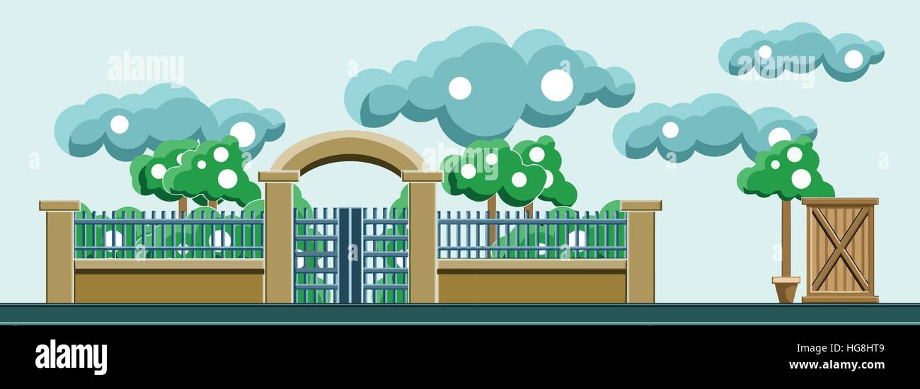 A fence of a park with trees and clouds in the sky. Vector flat illustration. Stock Vector