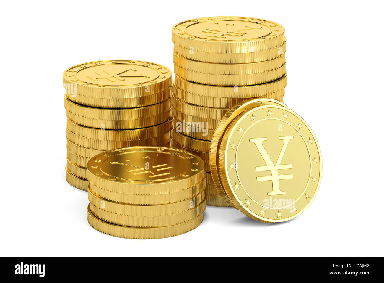 Gold yen coins, 3D rendering isolated on white background Stock Photo