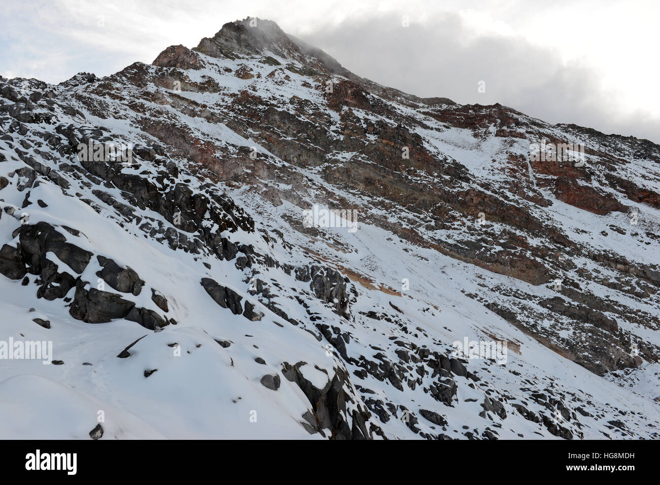 Alpine terrain with rock, snow and ice on Pico de Orizaba volcano, or Citlaltepetl, the highest mountain in Mexico Stock Photo