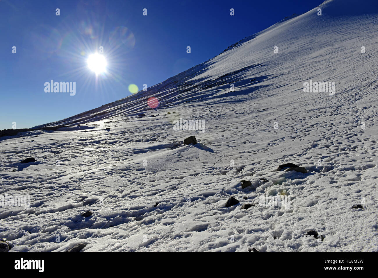 Alpine terrain with rock, snow and ice on Pico de Orizaba volcano, or Citlaltepetl, the highest mountain in Mexico Stock Photo