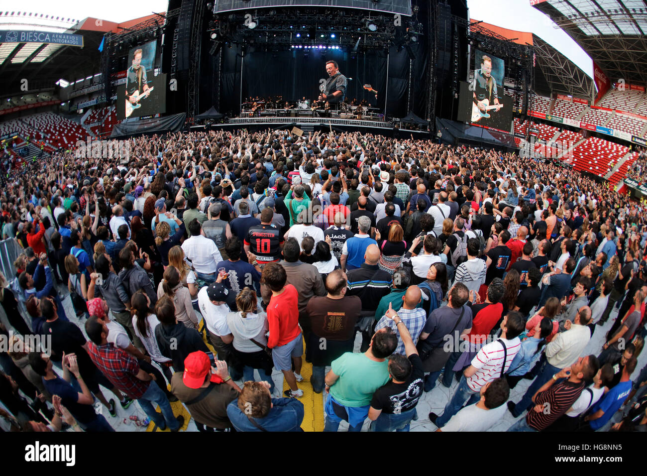 Gijon Asturias, Spain. June 26, 2013. Wide angle view of  Bruce Springsteen, the Boss, in concert with the E Street Band, Stock Photo