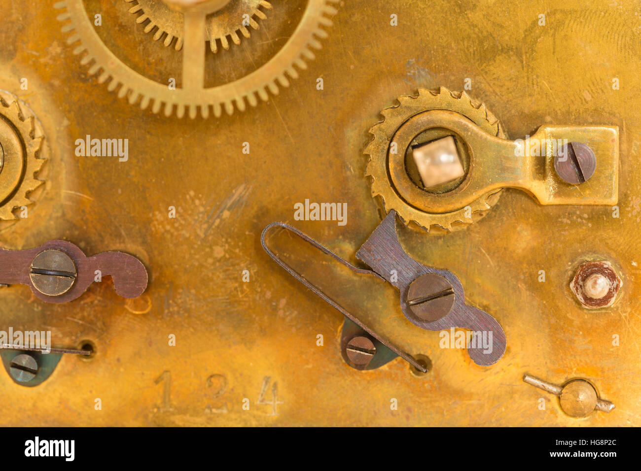Details of an old swiss automatic clockwork with intricate parts Stock