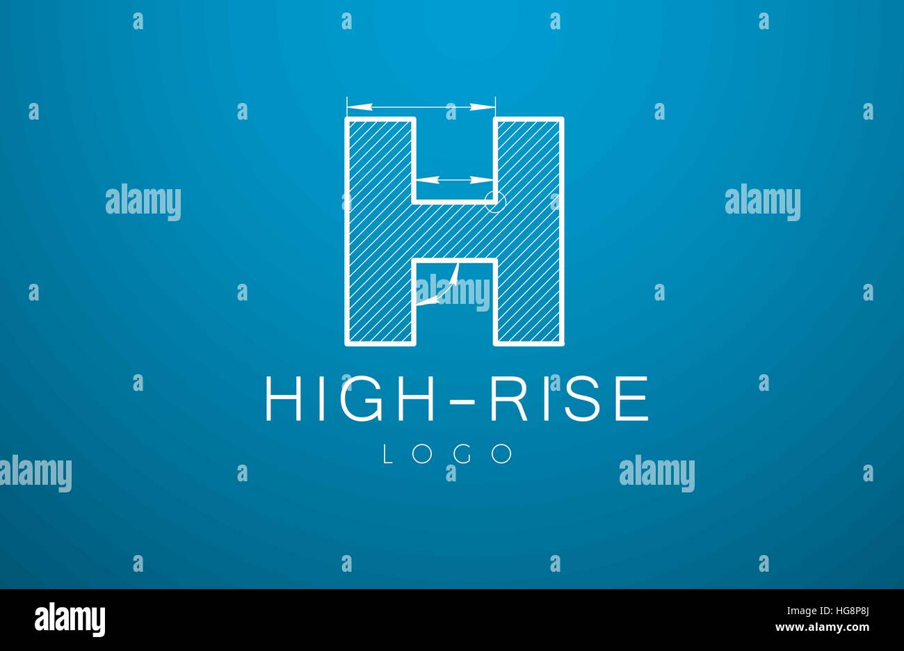 logo template letter H  in the style of a technical drawing. sign design and the text 'high-rise' with dimension lines. Vector illustration Stock Vector