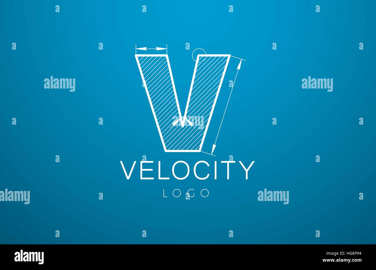 Template Logo letter V  in the style of a technical drawing. sign design and the text 'velocity' with dimension lines. Vector illustration Stock Vector