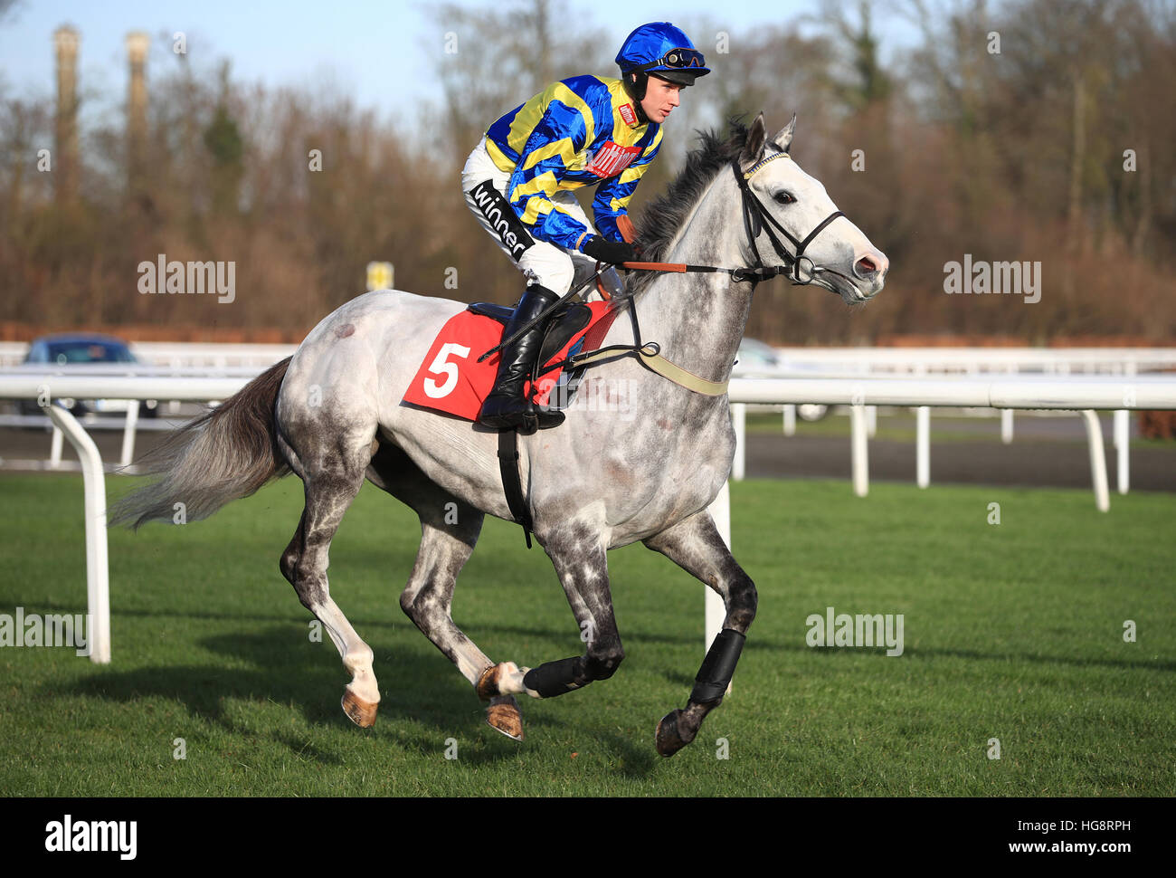 Master Blueyes ridden by jockey Tom Cannon going to post prior to the 32Red Casino Introductory Juvenile Hurdle Stock Photo