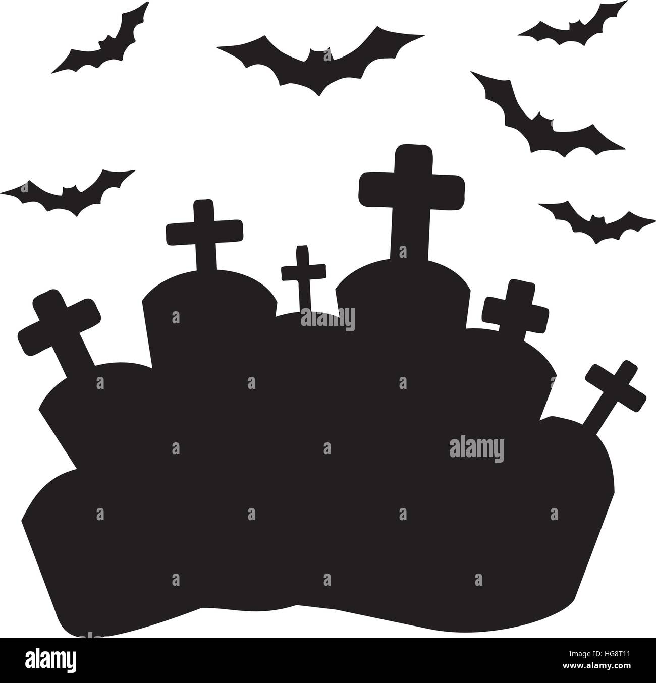 Cementery - Scary scene with graves and bats Stock Vector