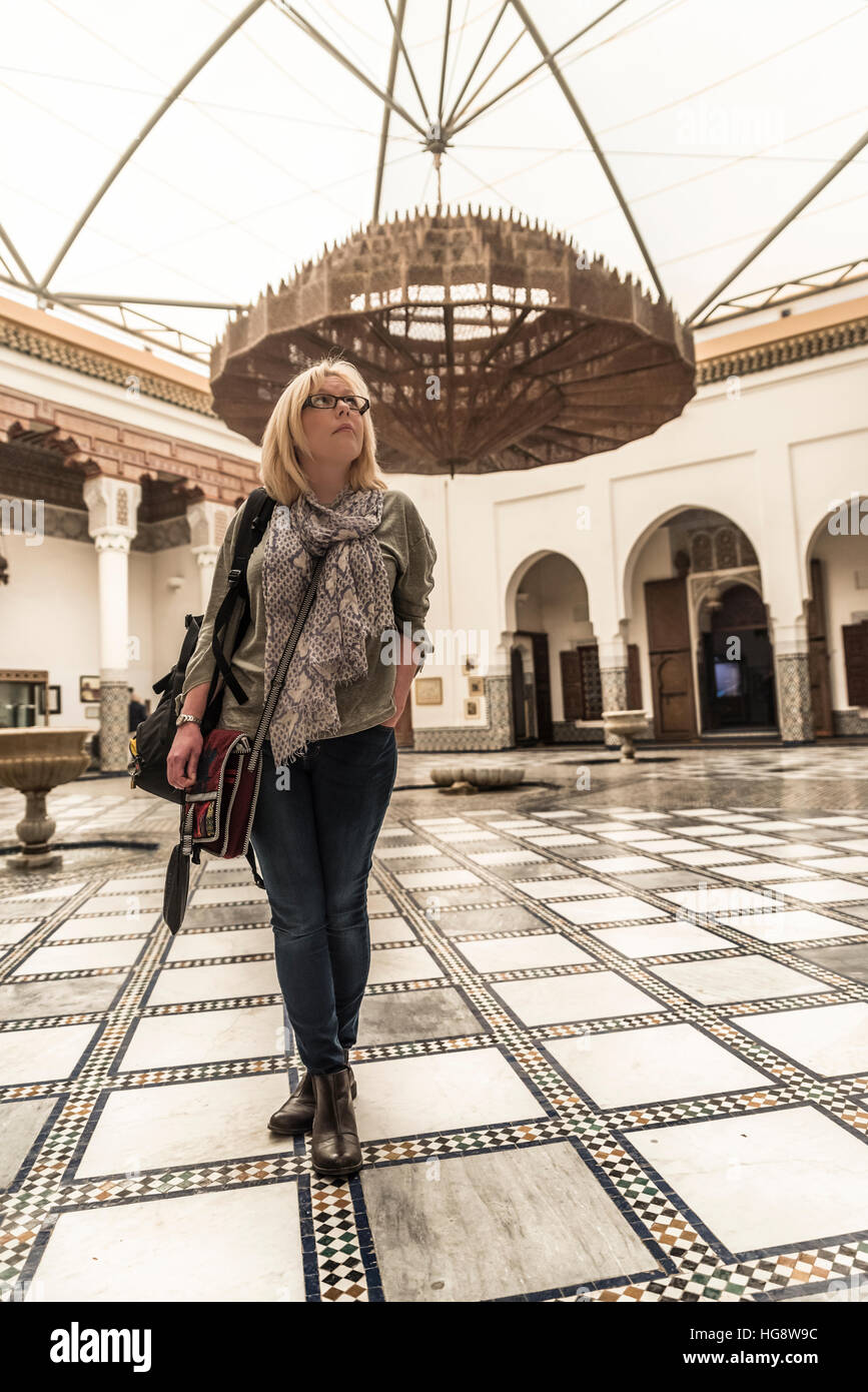 An attractive Weston tourist in museum of  Marrakesh Stock Photo