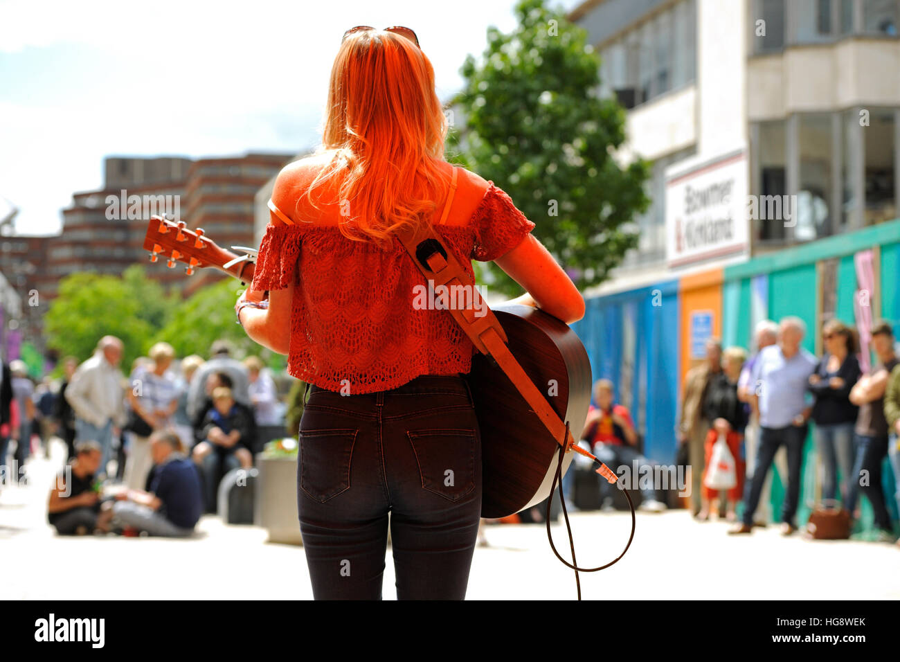 Young female singer on stage at Tramlines Fringe Festival, The Moor, Sheffield 2014 Stock Photo