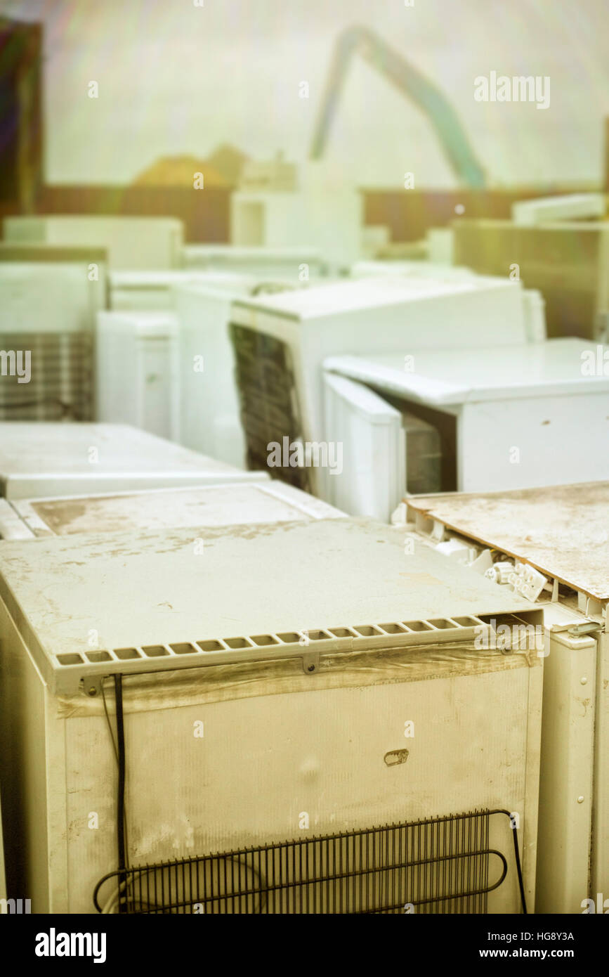 Appliance graveyard: disused fridges, freezers and washing machines,etc. Stock Photo