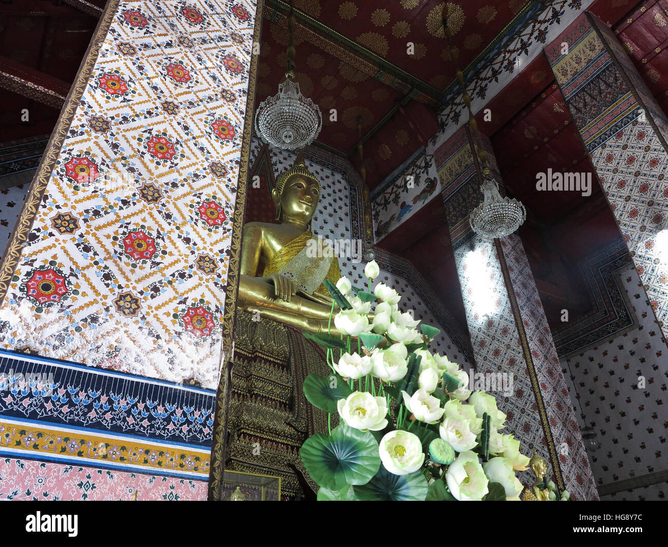 Inside the prayer hall of Wat Arun. Stock Photo