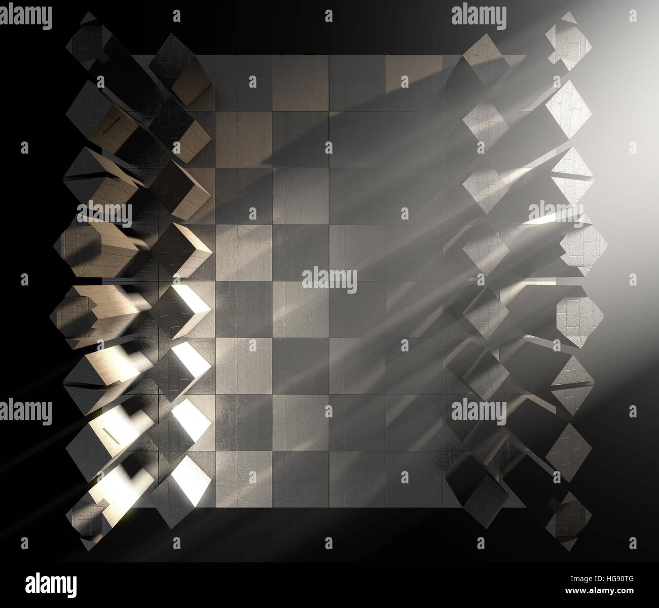 A 3D render of a modern minimalist chess set at the start of a game on an isolated background Stock Photo