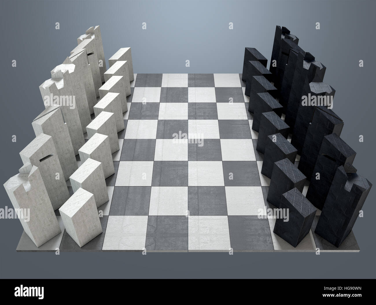 A 3D render of a modern minimalist chess set at the start of a game on