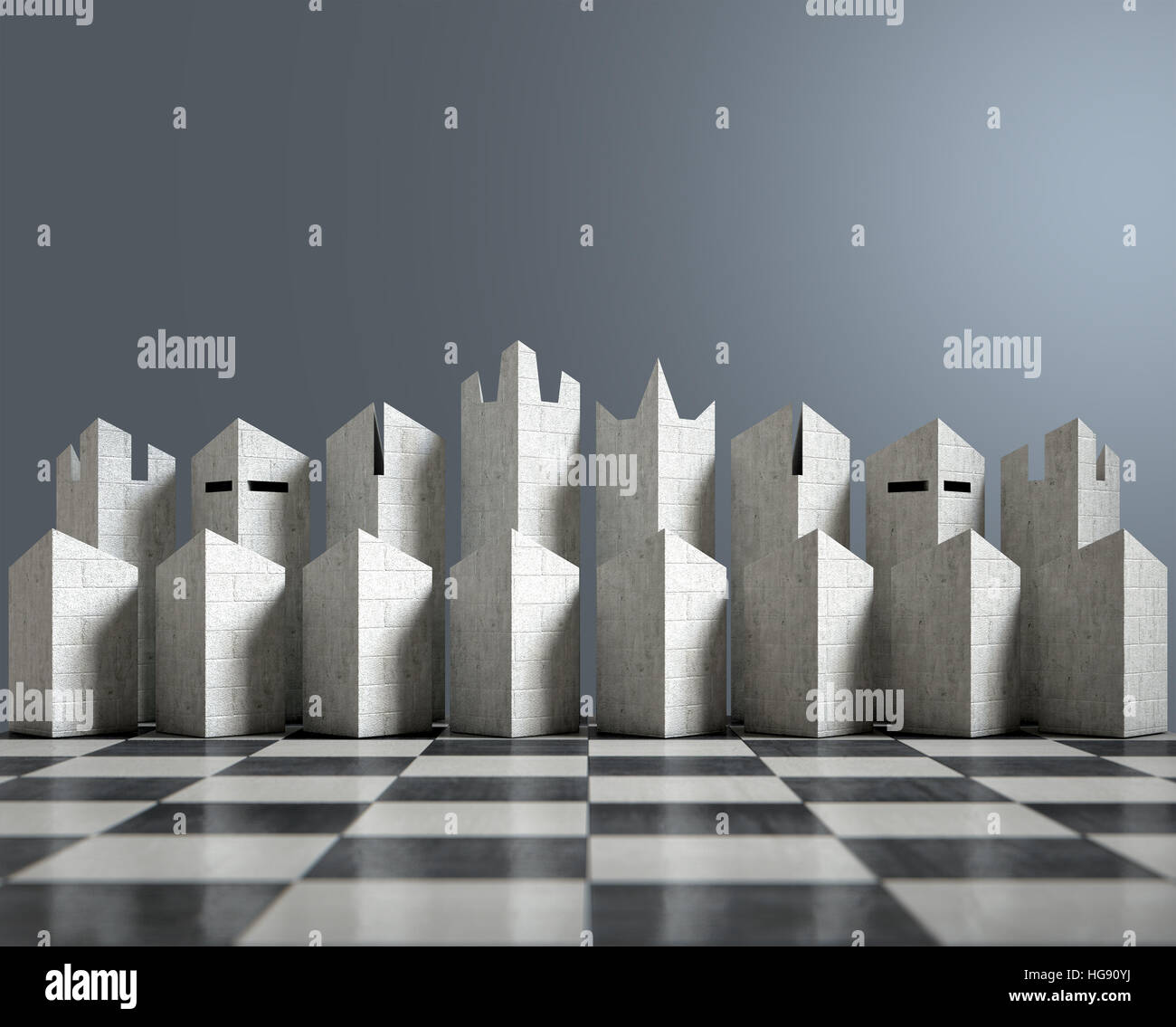 A 3D render of a modern minimalist chess set at the start of a game on