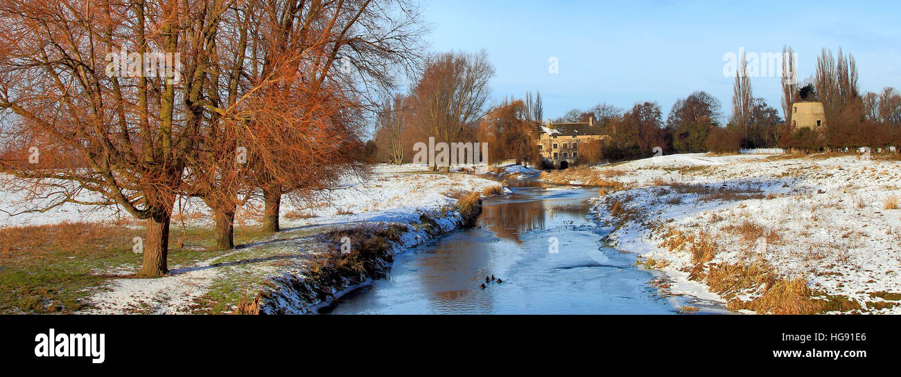 Winter, December, January, frost and snow, river Nene, Castor village, Cambridgeshire, England; Britain; Uk Stock Photo