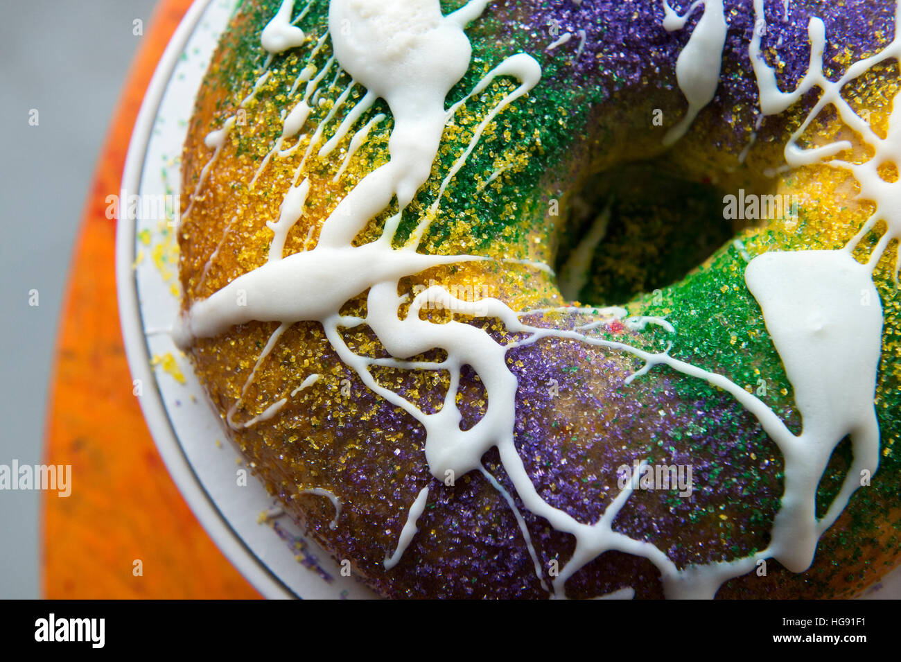 New Orleans king cake up close on a table. Stock Photo