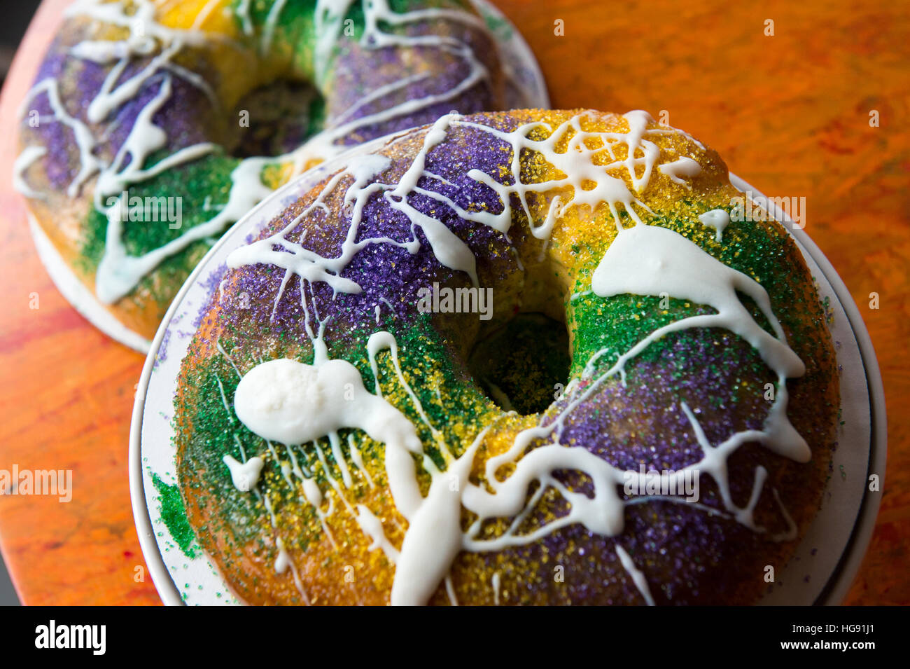 New Orleans king cakes up close on a table. Stock Photo