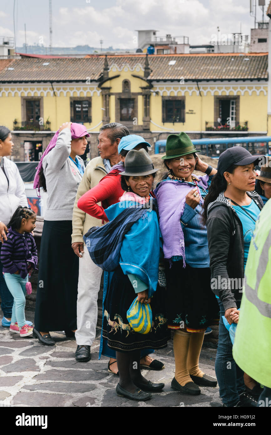 Unidentified Ecuadorian women with bowler hats. 71,9% of Ecuadorian people belong to the Mestizo ethnic group Stock Photo