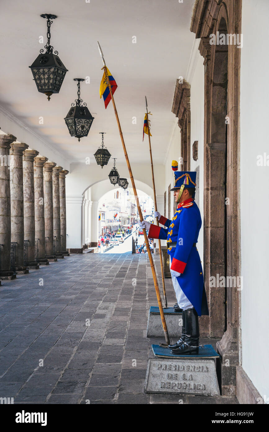 Guard of Presidential Palace (Caronderet) on Plaza Grande in old town of Quito, Ecuador Stock Photo
