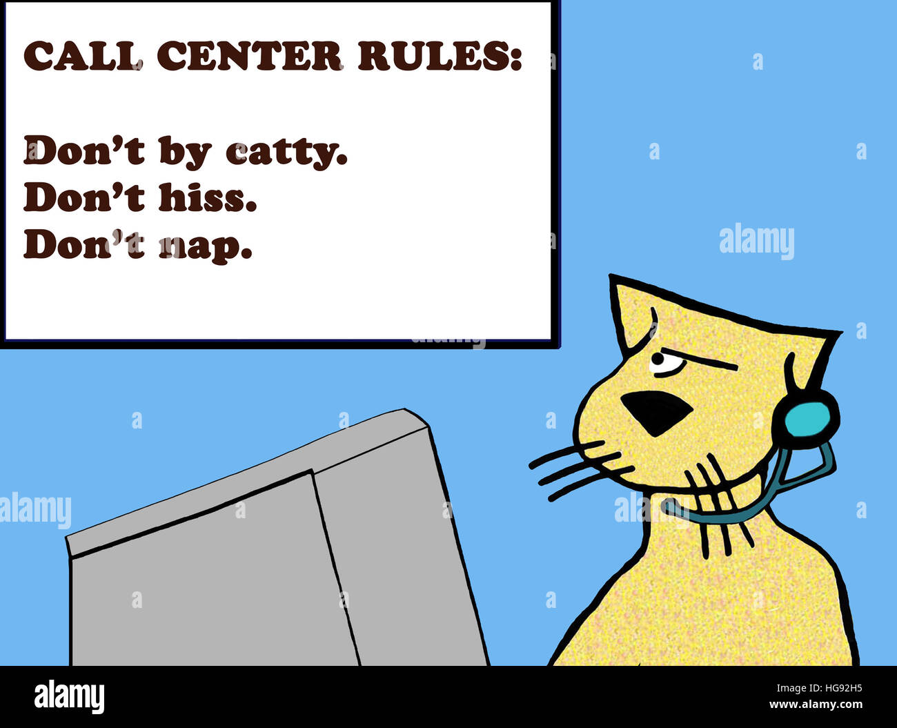 Cartoon about a customer service cat reading the call center rules Stock Photo Alamy