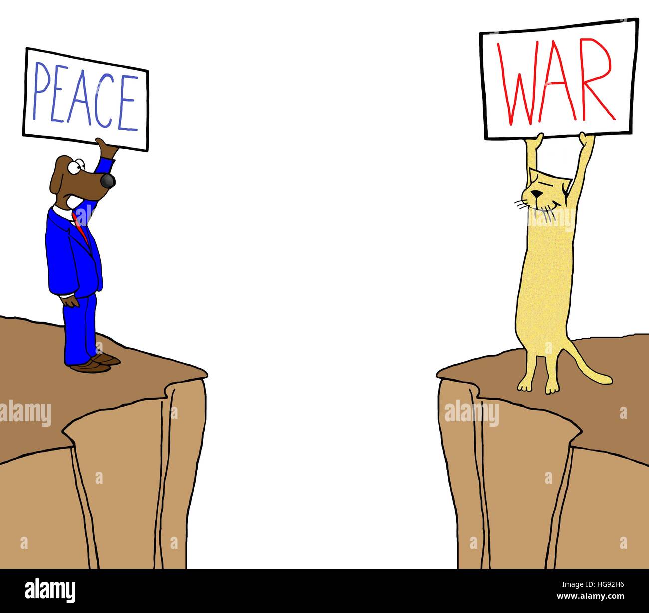 Cartoon about a cat and dog with two different thoughts: 'peace' and 'war'. Stock Photo