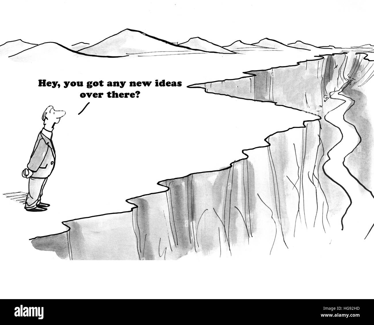 Business cartoon about searching everywhere for new ideas - even in a cliff gorge. Stock Photo