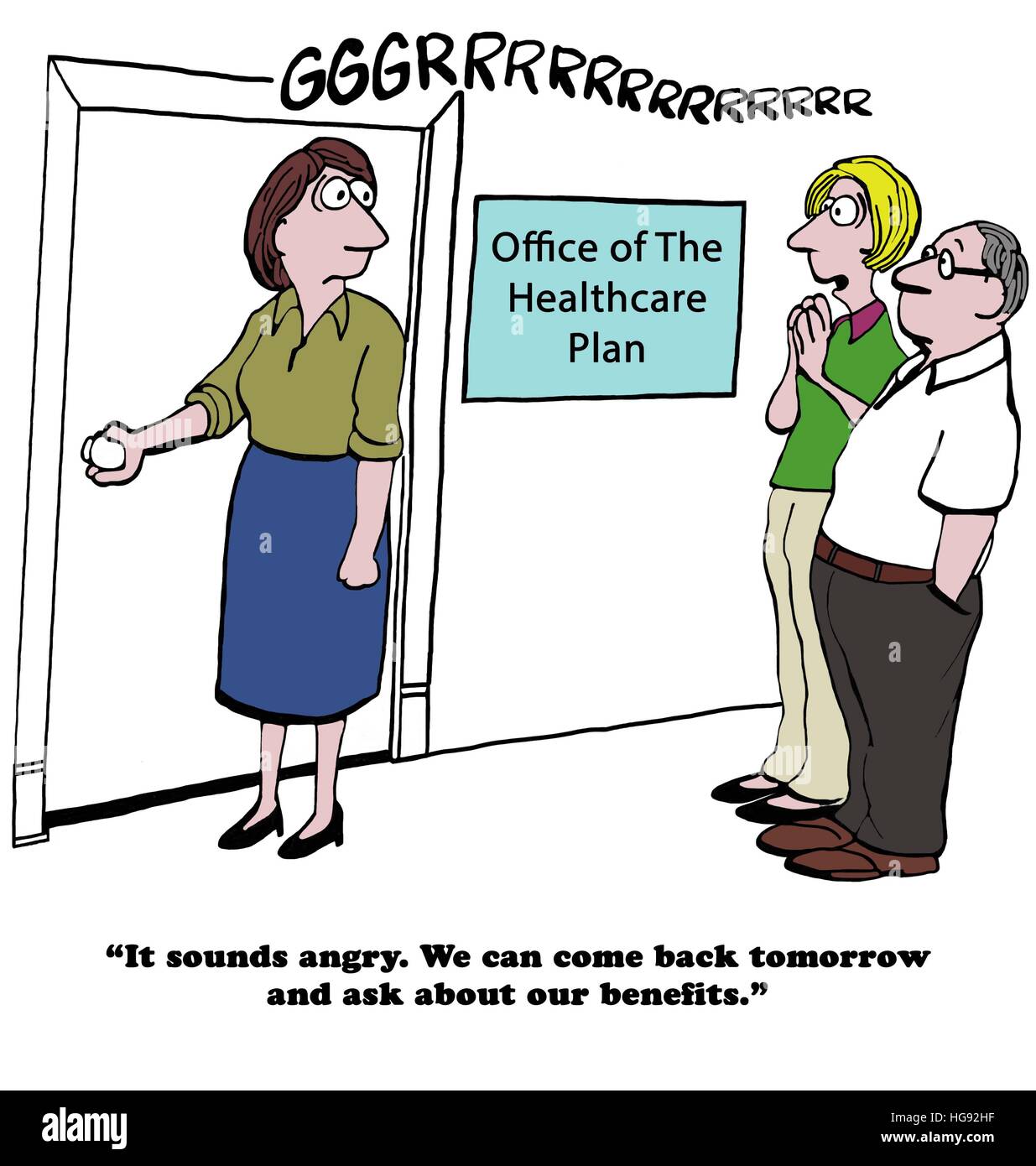Health cartoon about employees trying to learn what their company insurance benefits are. Stock Photo