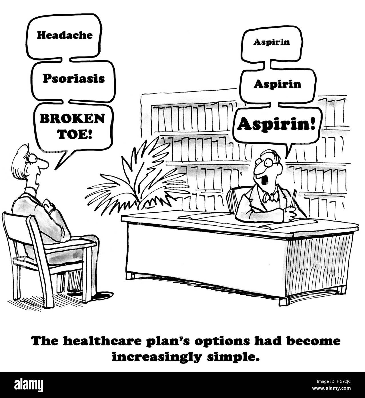 Health cartoon about how the medical insurance plan has dramatically limited its options for prescription coverage. Stock Photo