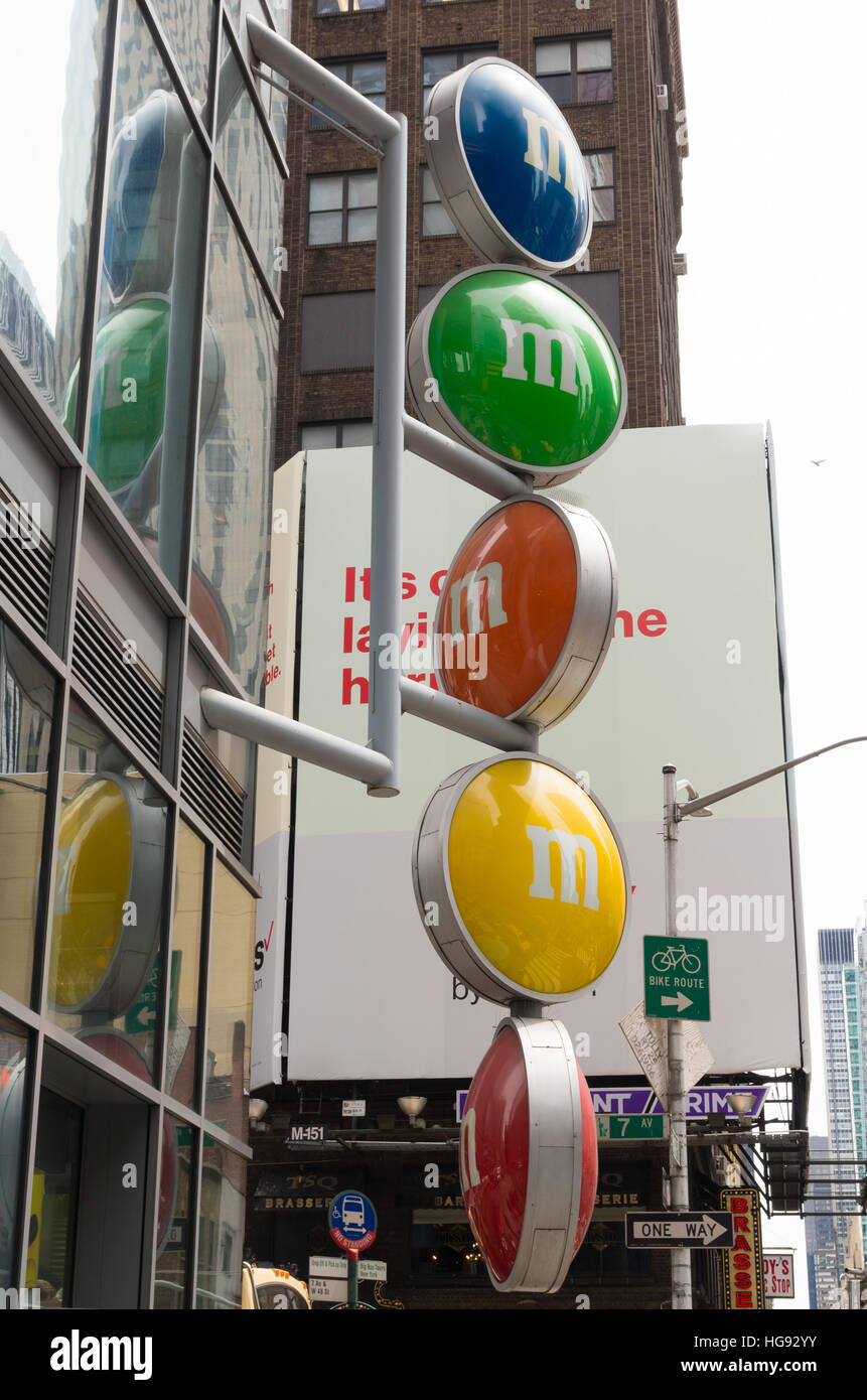 NEW YORK - APRIL 28, 2016: The M&M candy store at Times Square is the largest candy store in the city Stock Photo