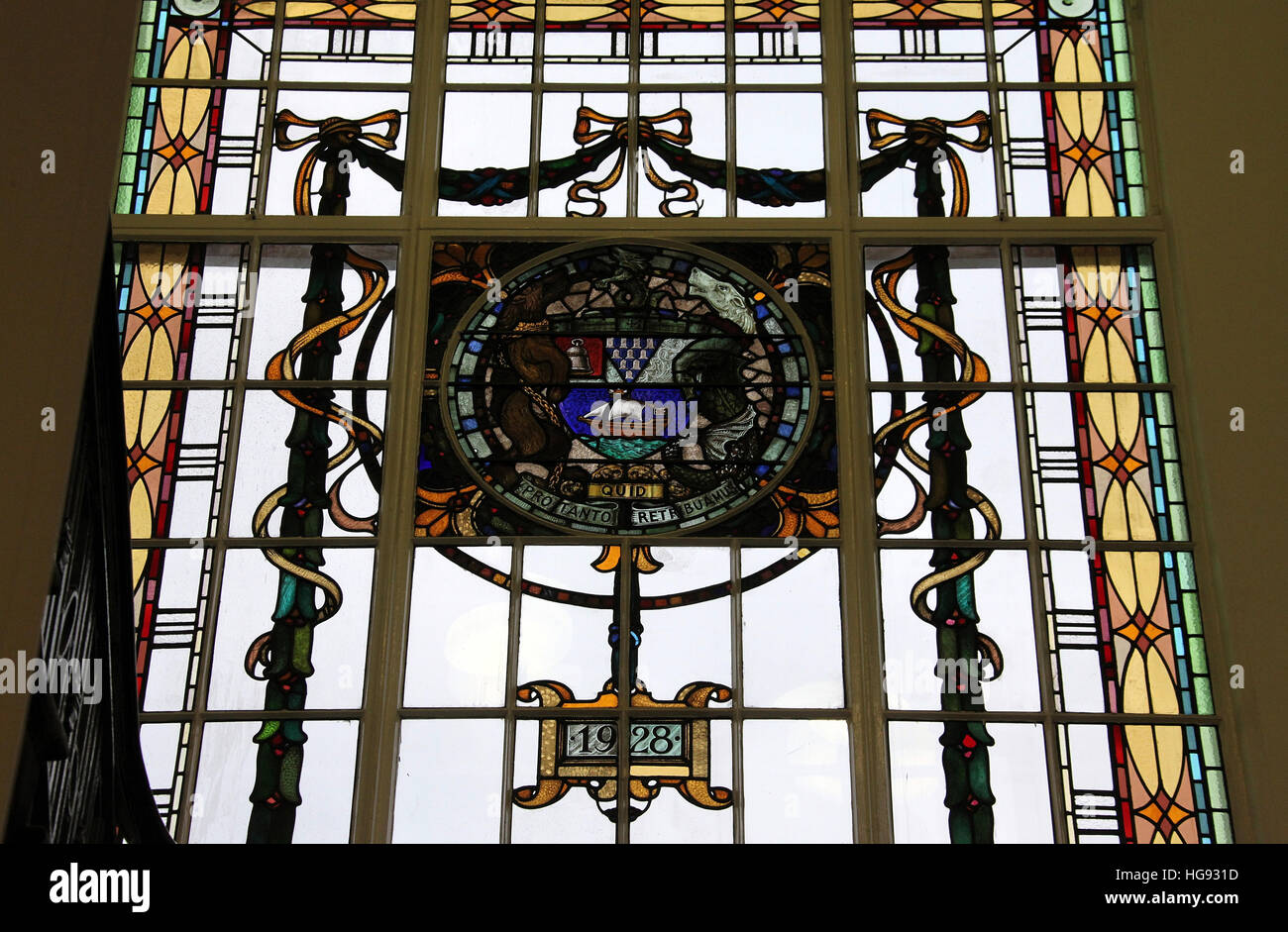 Stained glass window on the staircase at Shankill Road public library building which was built