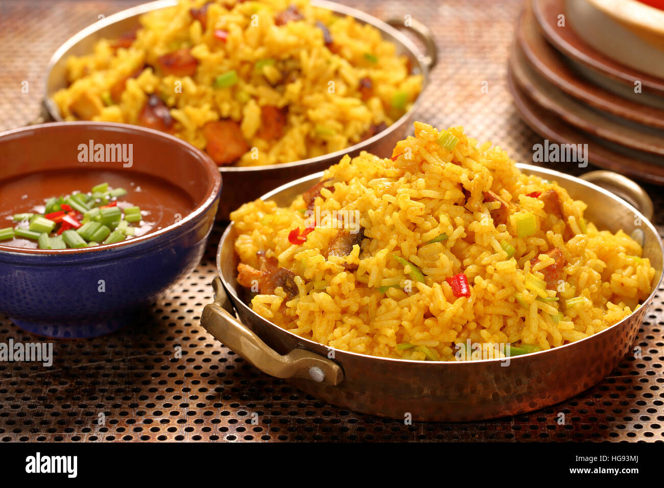 Chicken with basmati rice fried in stainless pan Stock Photo Alamy