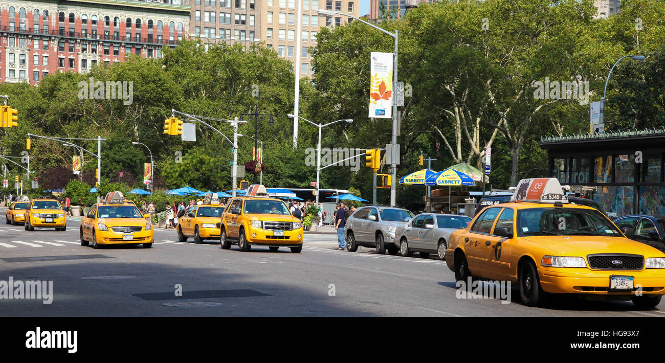 Yellow cabs in the center of Manhattan, New York City, United States. Stock Photo