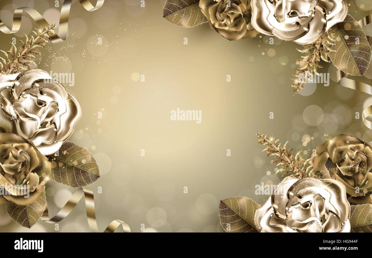 golden rose elements with metallic luster, golden background Stock