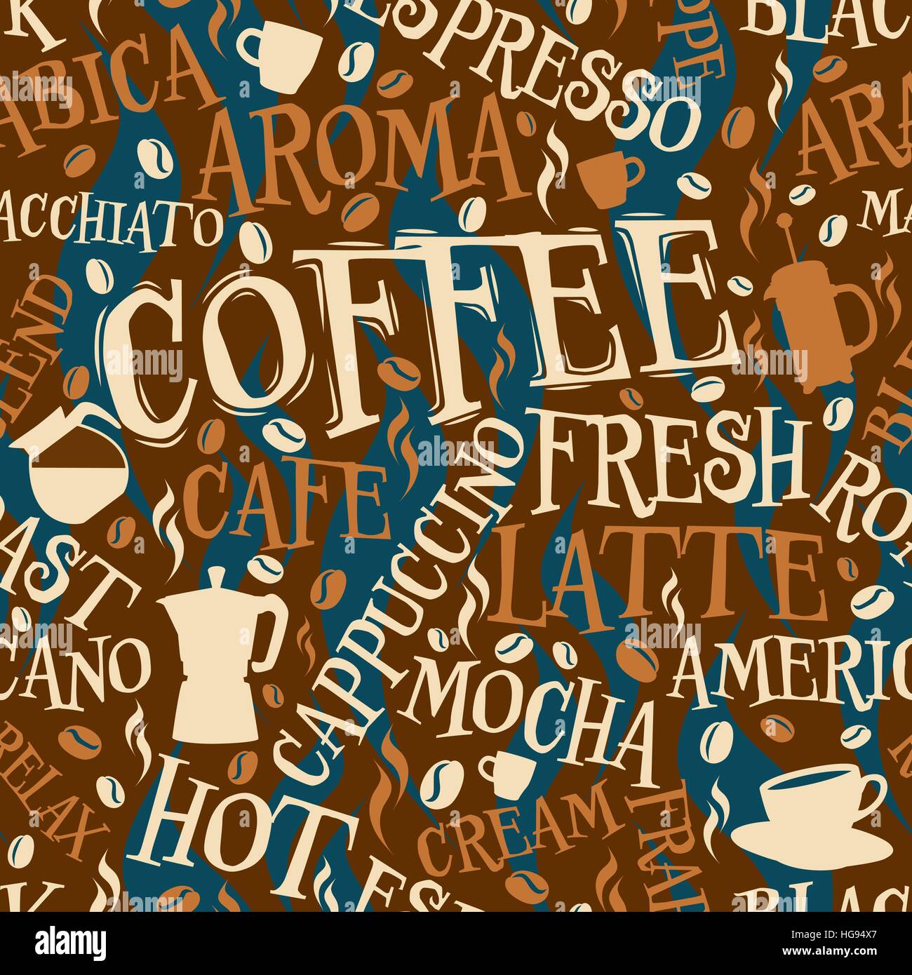 Vector seamless tile of coffee words and symbols Stock Vector