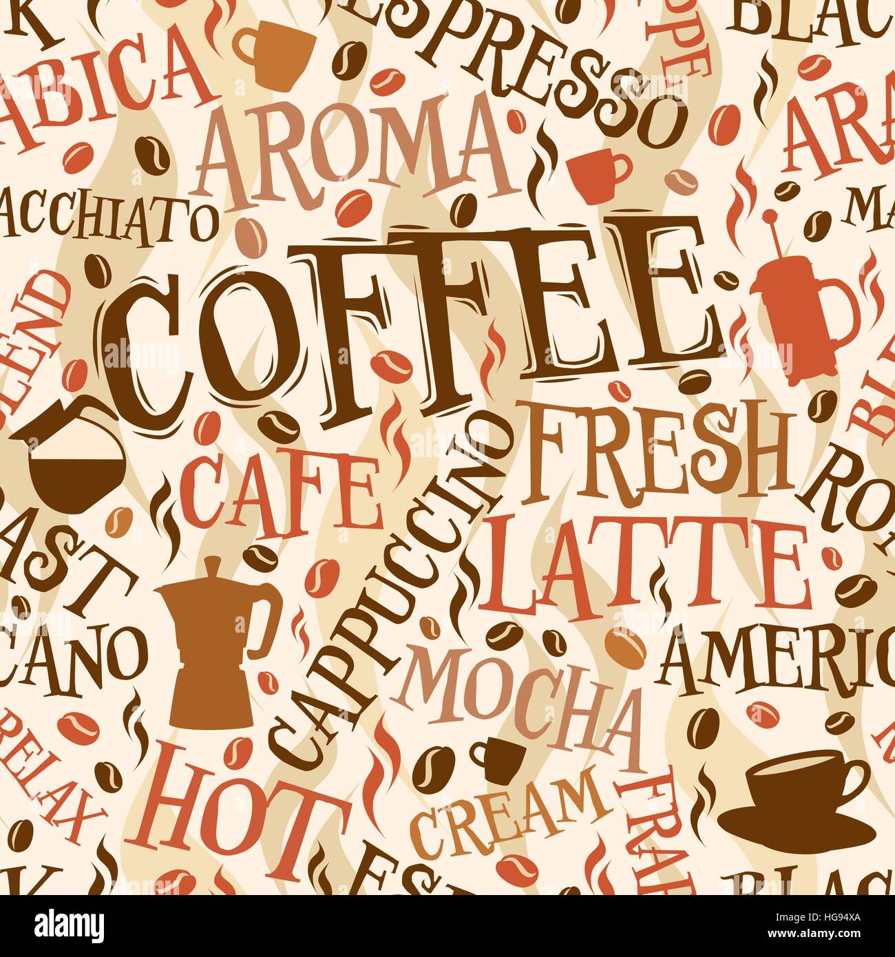 Vector seamless tile of coffee words and symbols Stock Vector