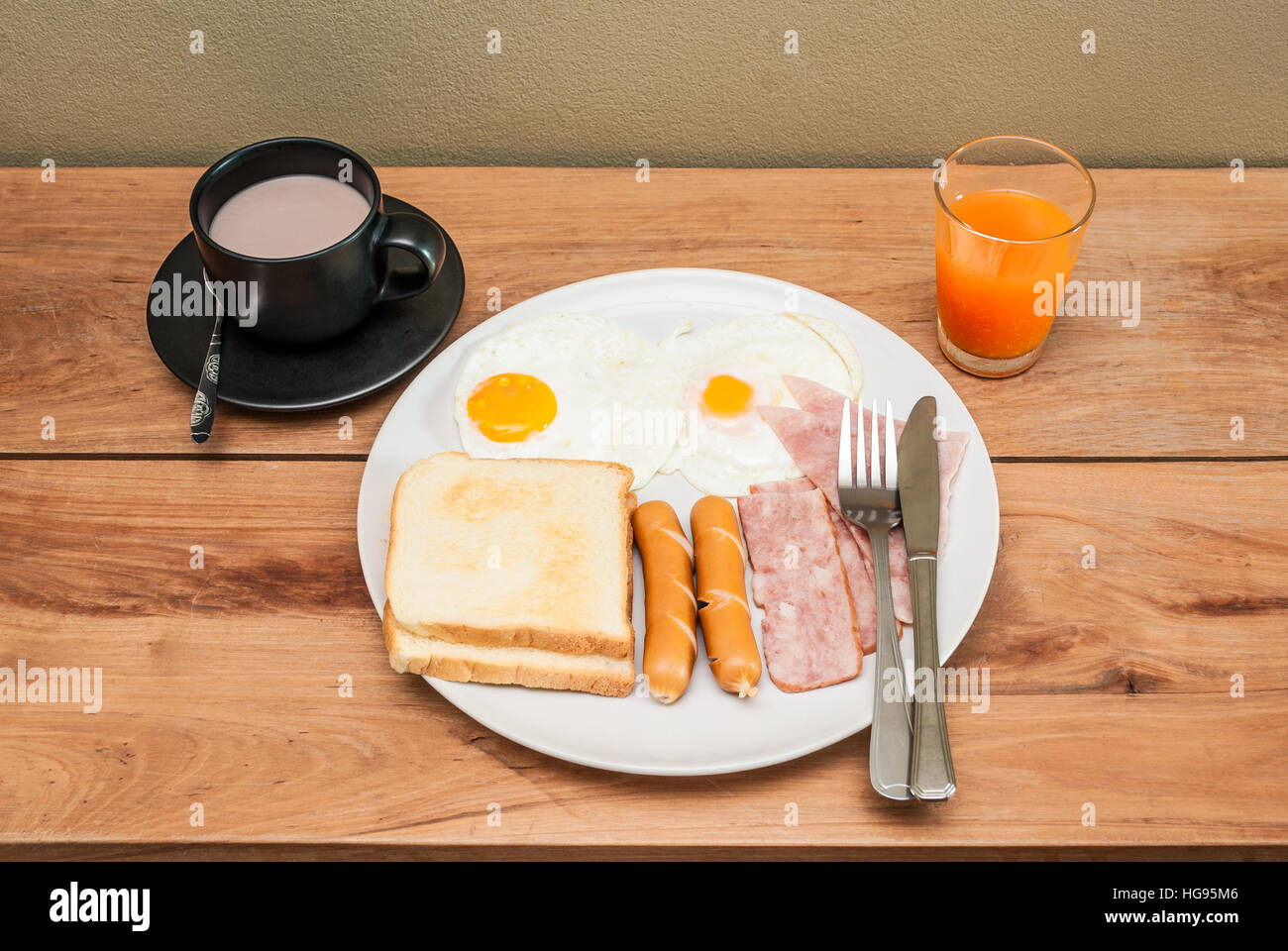 American Breakfast Set on Wood Table Stock Photo