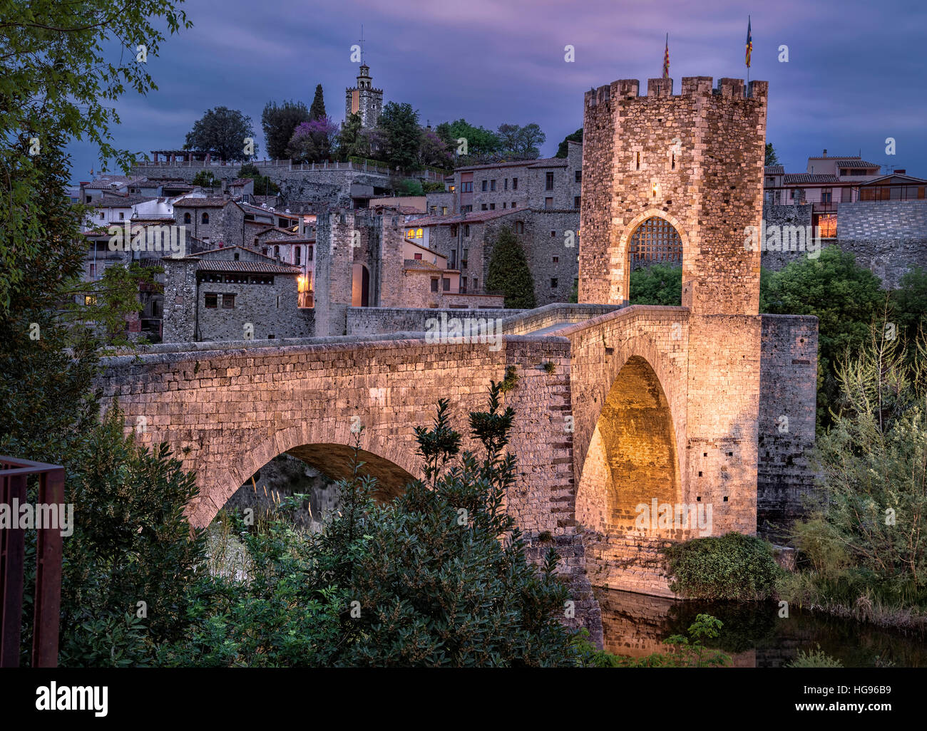 Roman Bridge, Besalu, Gerona Province, Catalonia, Spain Stock Photo