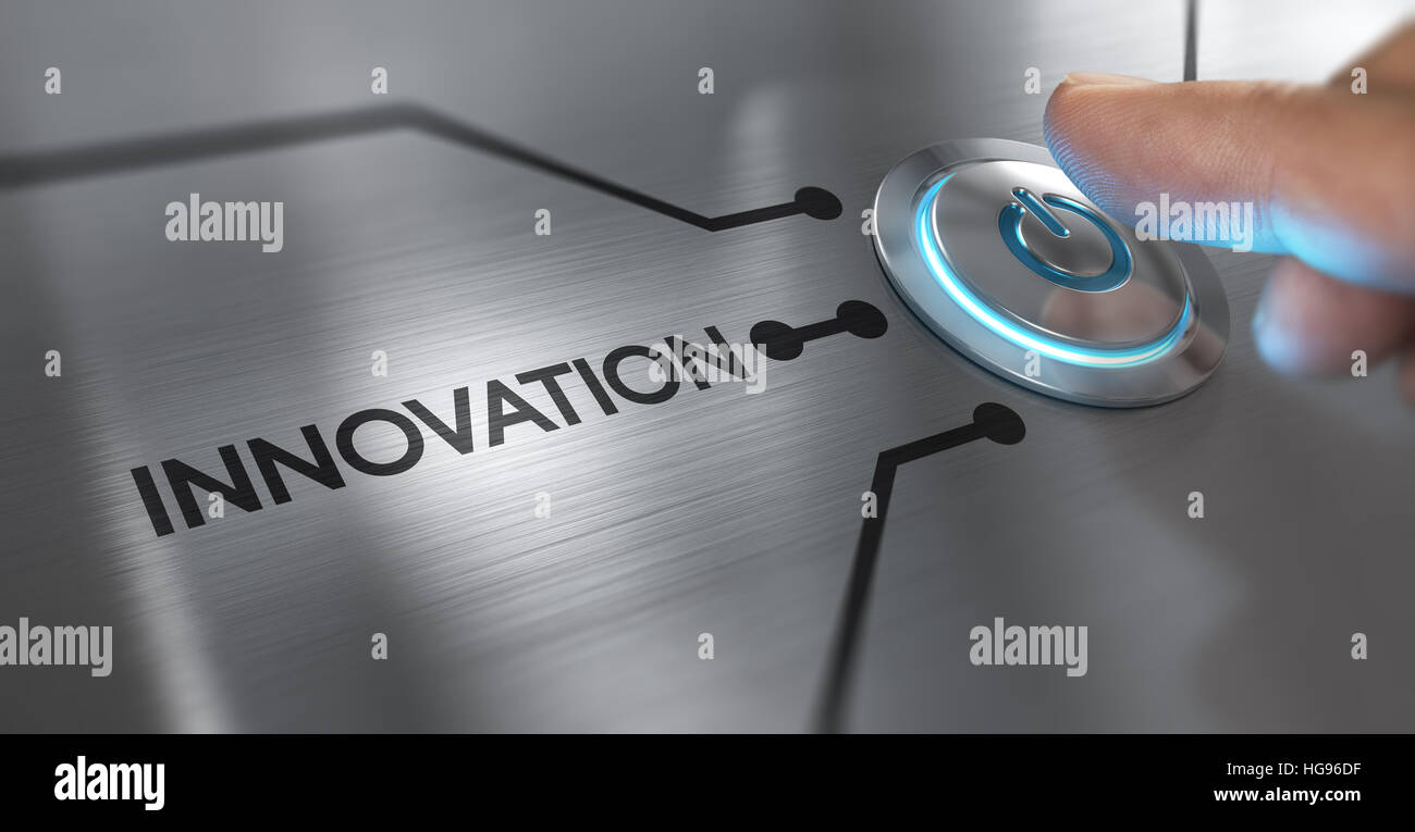 Finger about to press a start button with the word innovation on the left. Composite between an image and a 3D background Stock Photo