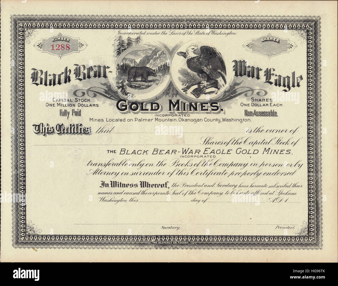 Early Western Mining Stock Certificate - USA Stock Photo