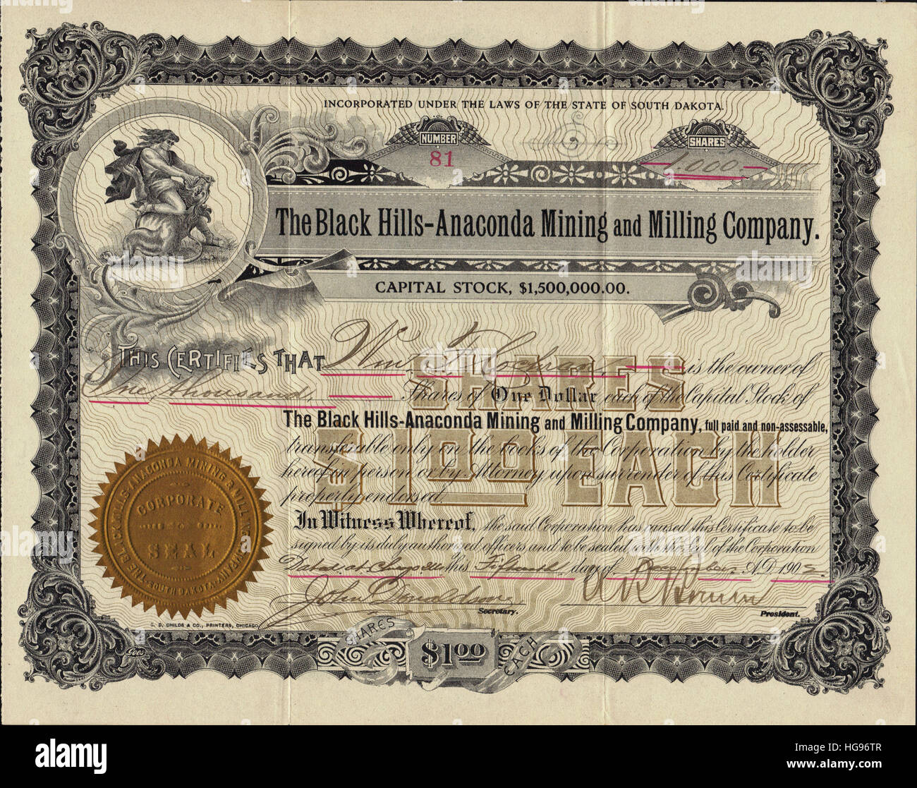 Early Western Mining Stock Certificate - USA Stock Photo