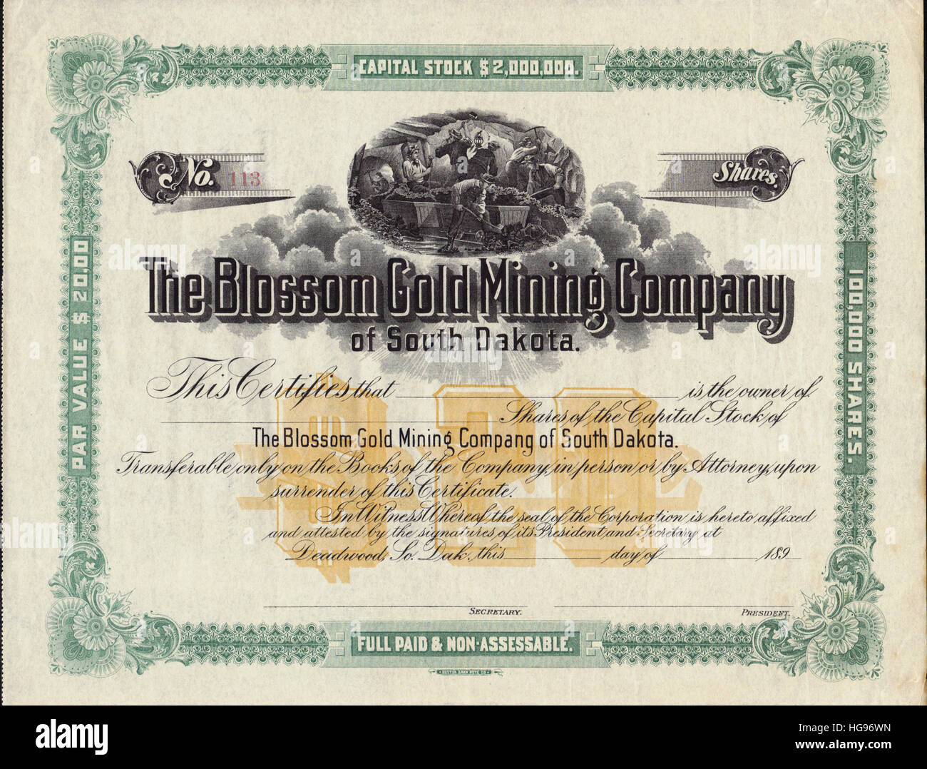 Porter Gold & Silver Mining Company Stock Certificate California, 1860's 
