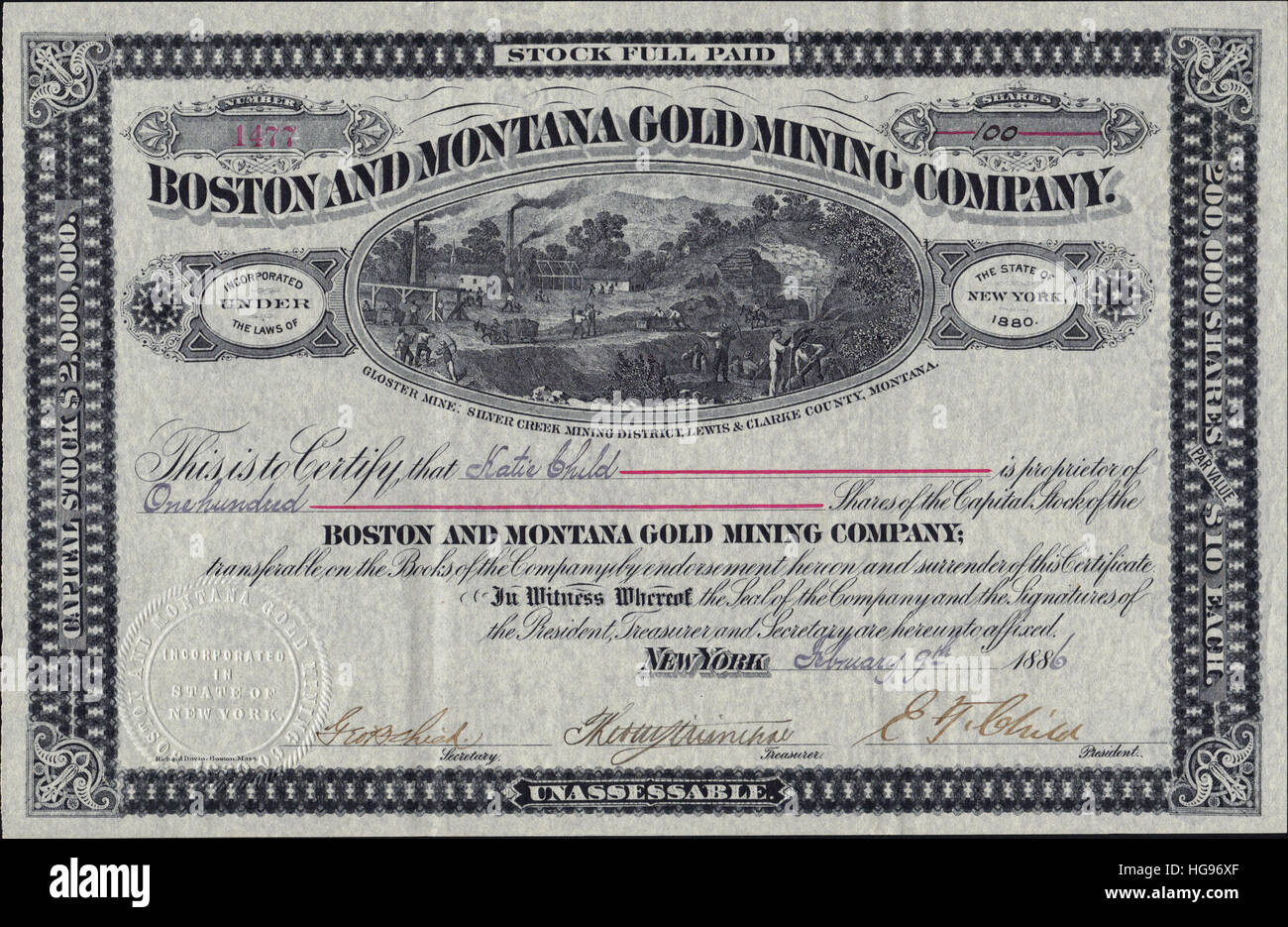 1886 BOSTON AND MONTANA GOLD MINING COMPANY Stock Certificate - Territorial Document - USA Stock Photo