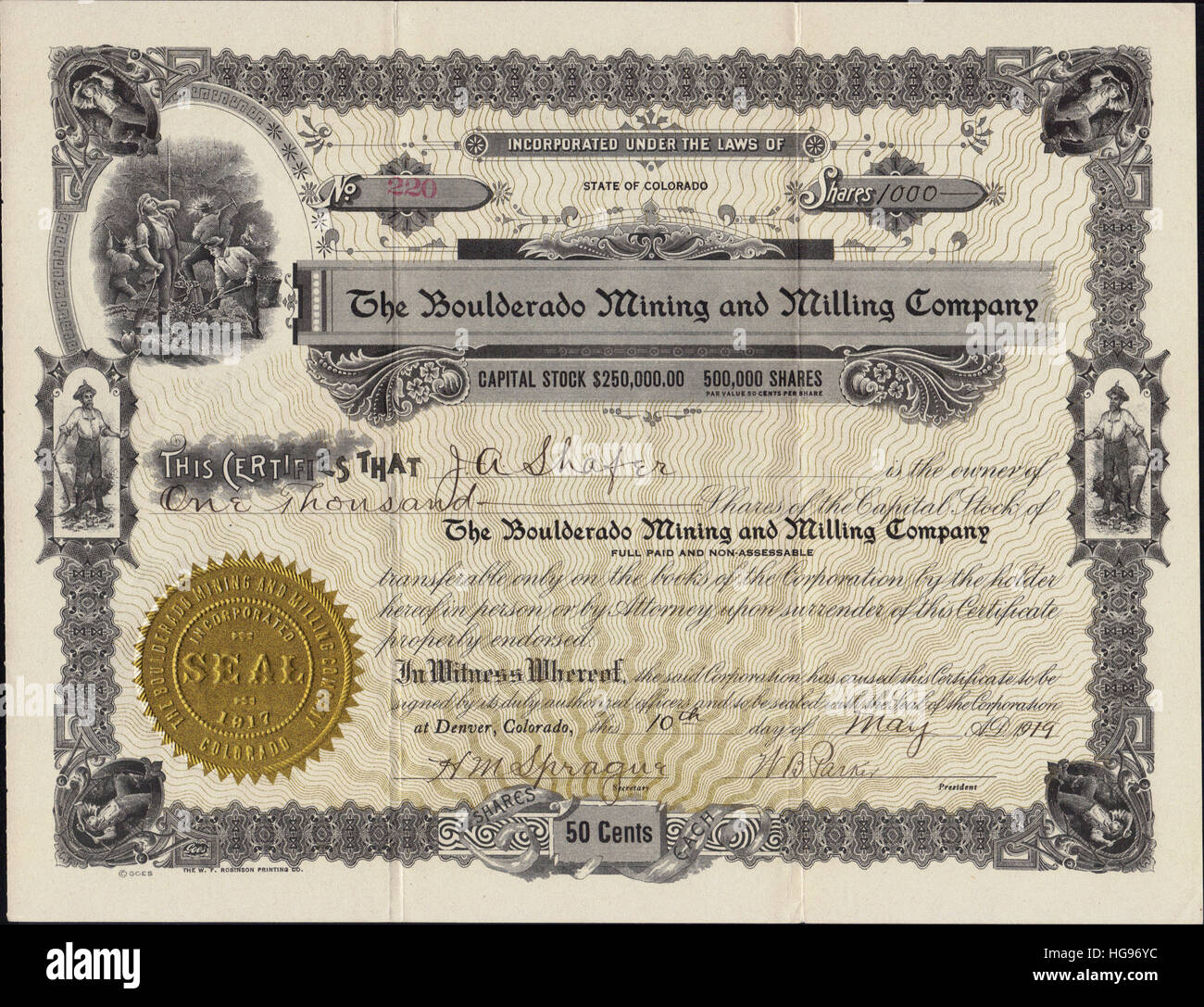 Early Western Mining Stock Certificate - USA Stock Photo